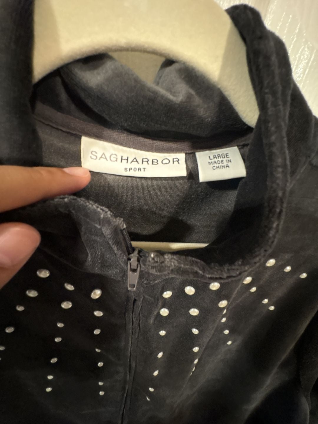 Sag Harbor Sport Zip Front Velour Jacket Size Large Faux Pearls 3