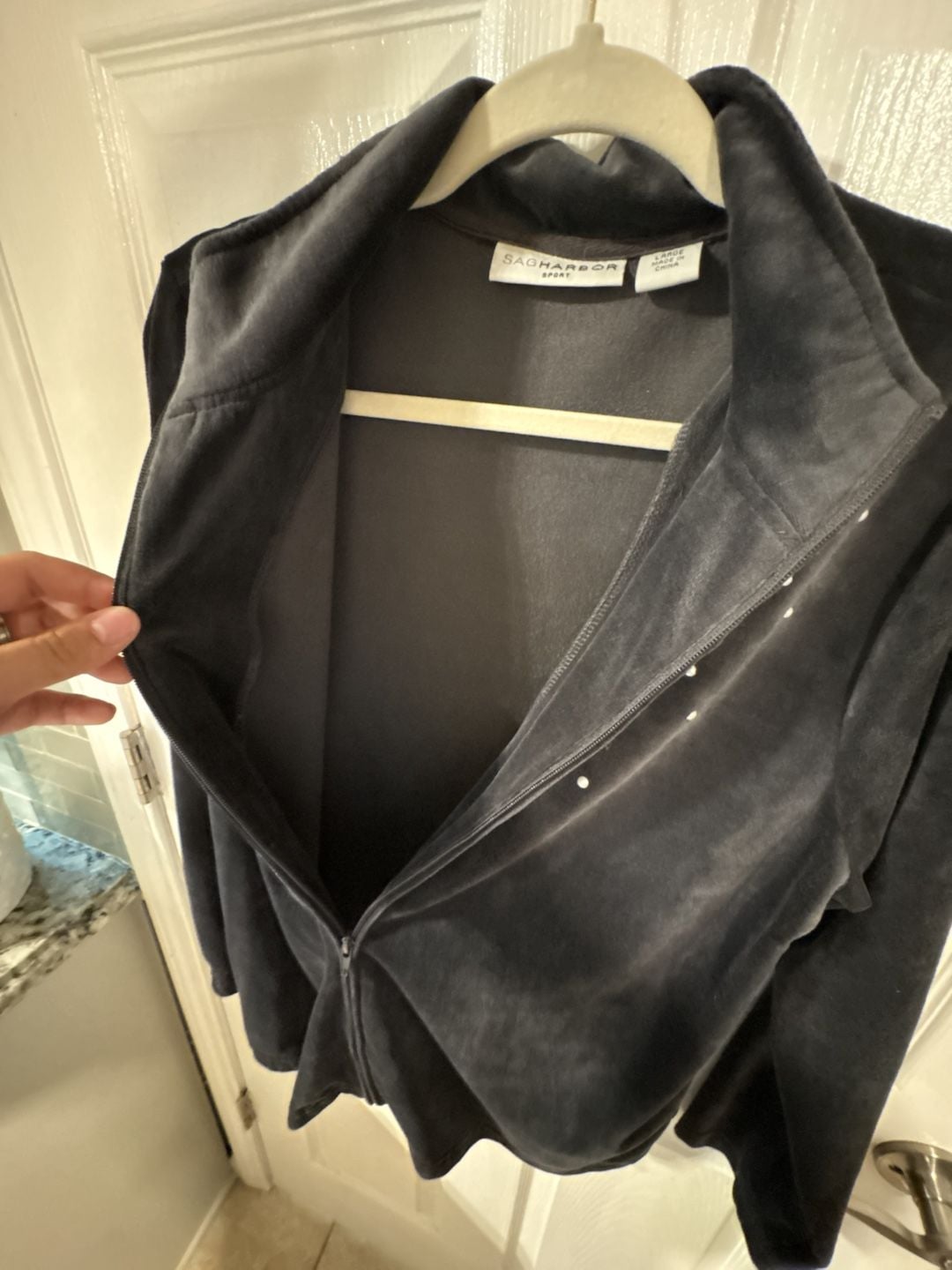 Sag Harbor Sport Zip Front Velour Jacket Size Large Faux Pearls 4