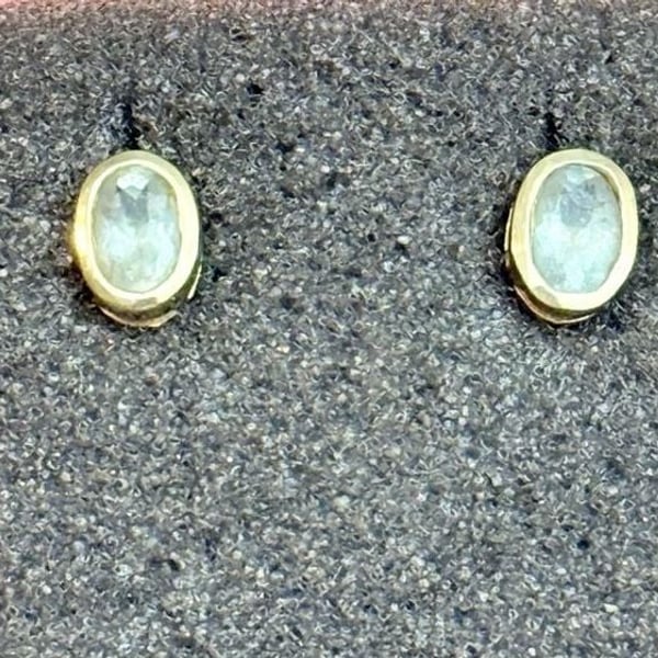 14k Solid Gold Aquamarine Bezel Set March Birthstone Stud Earrings