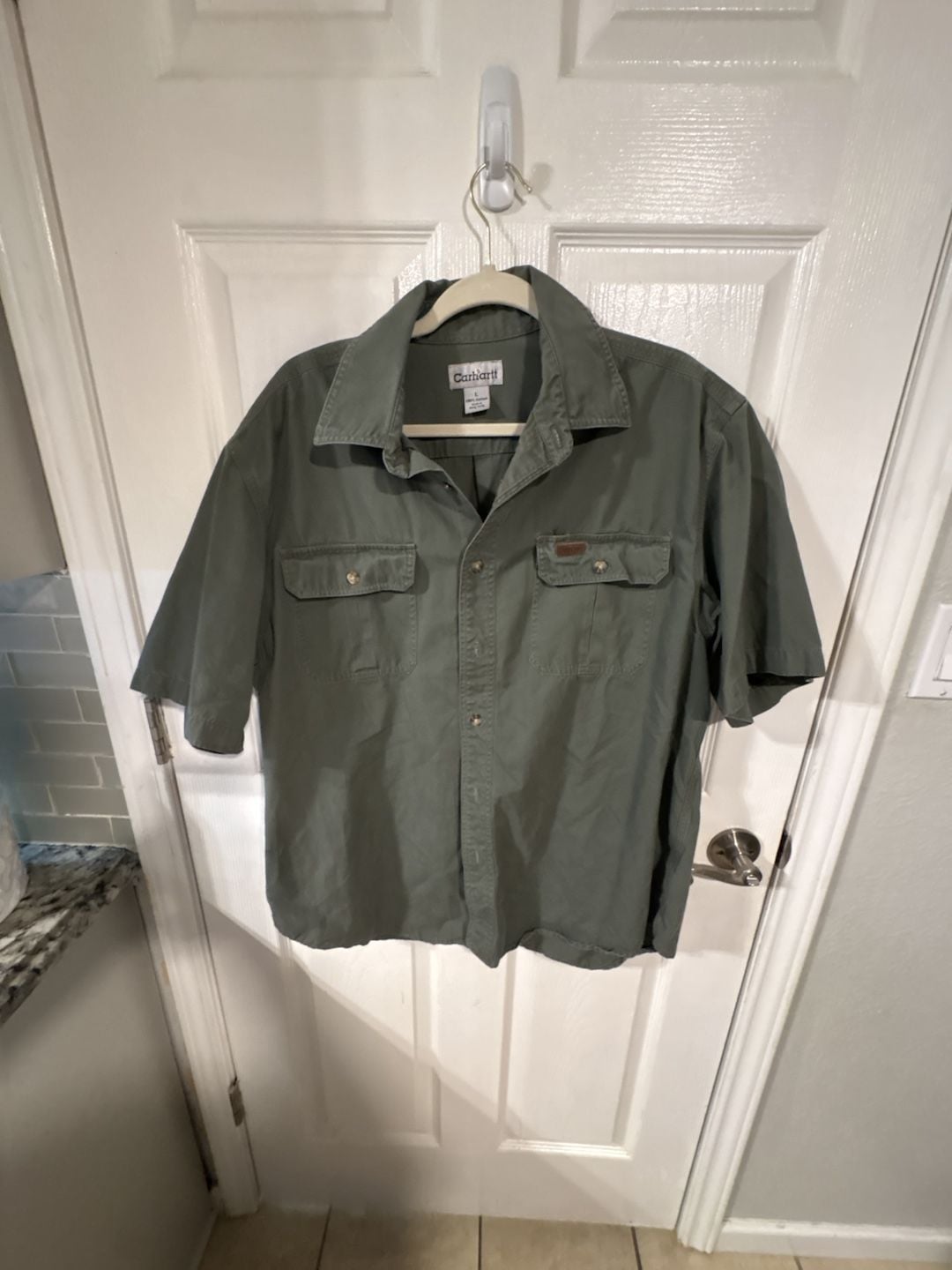 Carhartt Vintage 100% Cotton Short Sleeve Button Up Work Shirt Green Size L 2