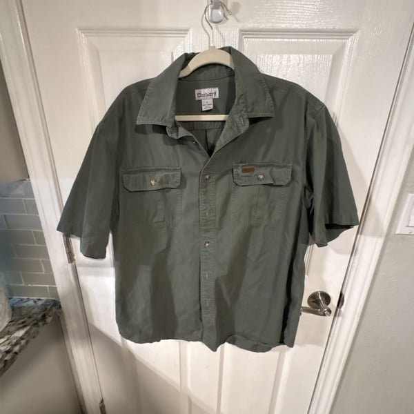 Carhartt Vintage 100% Cotton Short Sleeve Button Up Work Shirt Green Size L