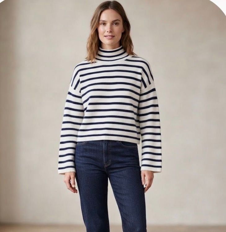 100% Cashmere Striped Mock Turtleneck Sweater by Halston SM
In very good condition with no issues found.
Fits like a medium but please pay attention to measurements:
Shoulder to shoulder: 20” (seams drop below shoulders)
Chest Across: 18”
Length from s 8