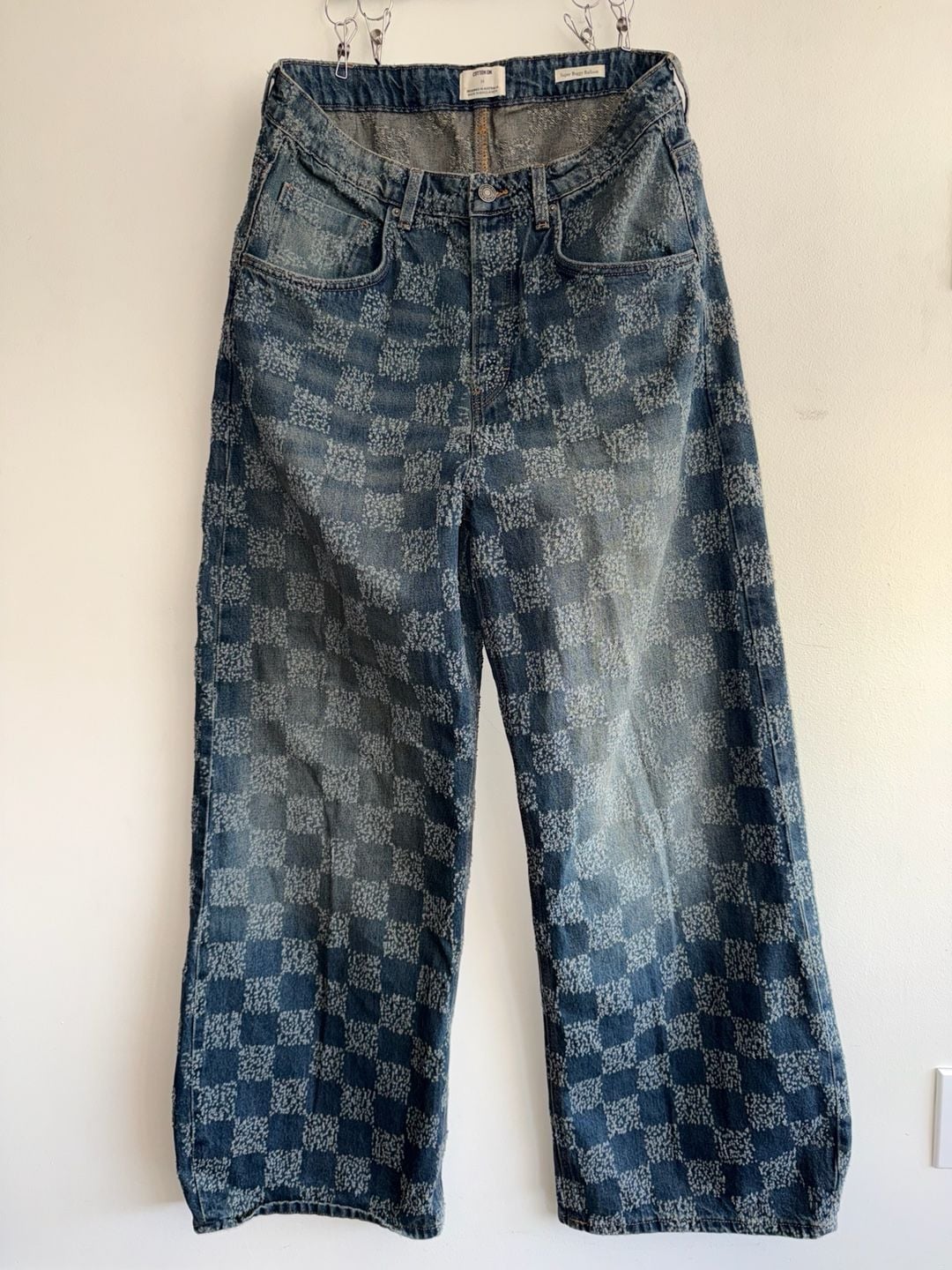 Cotton On Men's Super Baggy Balloon Jeans Checkered Blue Size 34 2