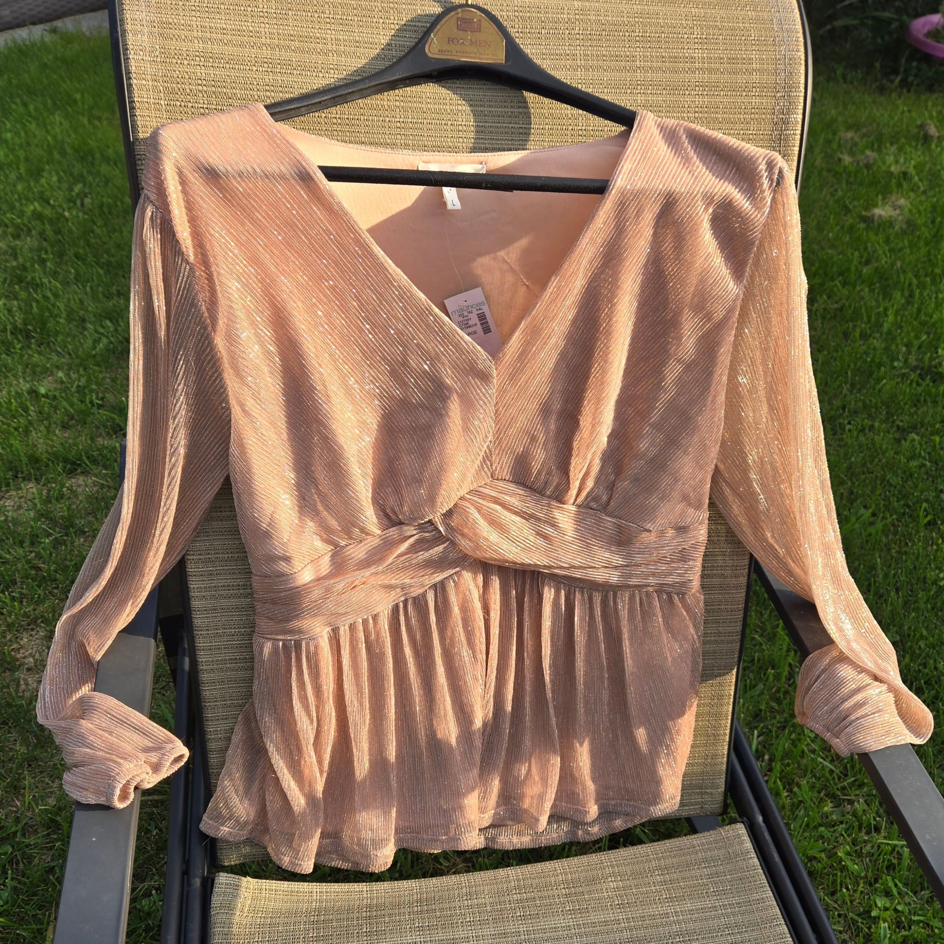 Maurices Women's Metallic Shimmer Long Sleeve V-Neck Twist Front Blouse Top Large 2