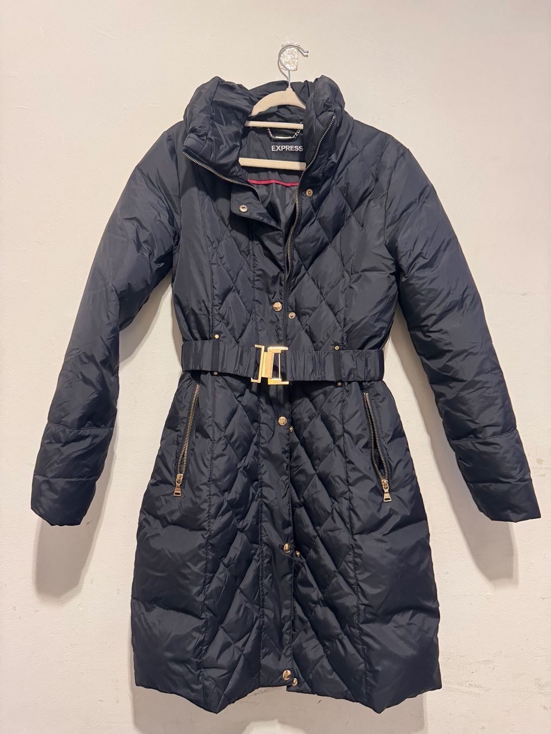 Express Black Quilted Puffer Jacket with Gold Belt and Hardware 2