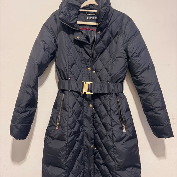 Express Black Quilted Puffer Jacket with Gold Belt and Hardware