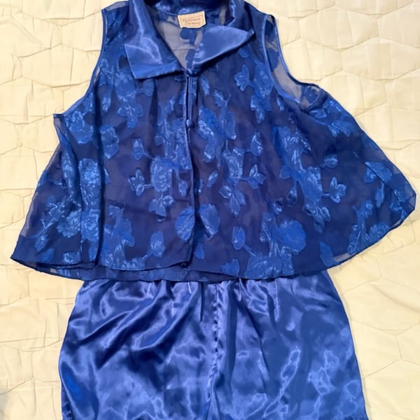 California Dynasty Vintage Blue Sheer Satin Pajama Set Size Large Lingerie USA