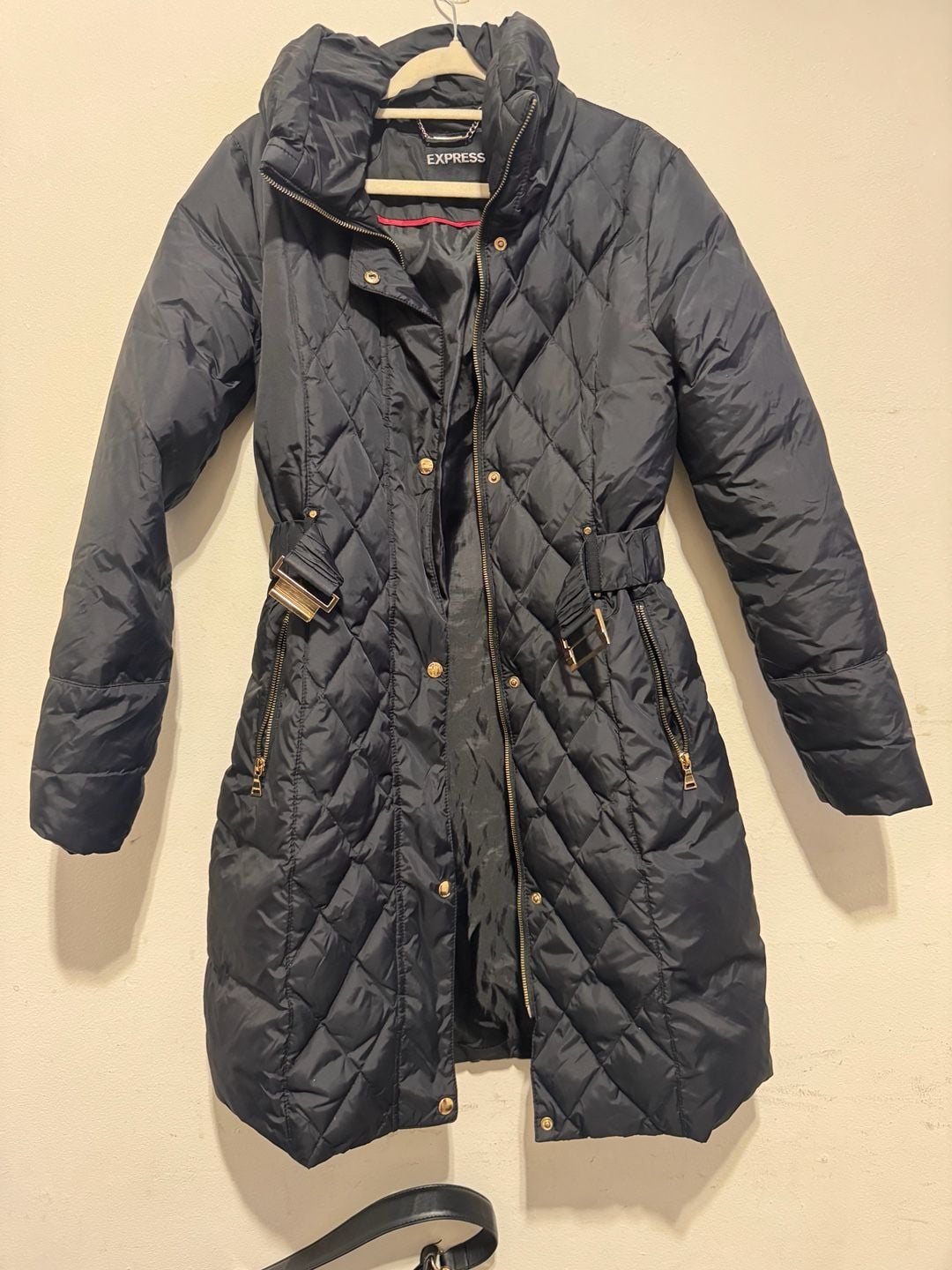 Express Black Quilted Puffer Jacket with Gold Belt and Hardware 5