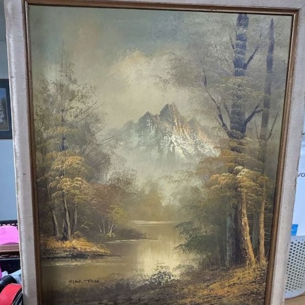 Vintage Original Oil Painting Autumn Mountain River Landscape Signed Framed
