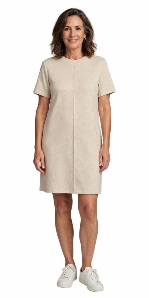 Steve Madden Women's Short Sleeve Ribbed Crew Neck Sweater Dress in Beige 2
