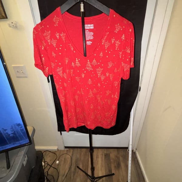 Celebrate Together Red Gold Christmas Tree Print V-Neck Short Sleeve Tee
