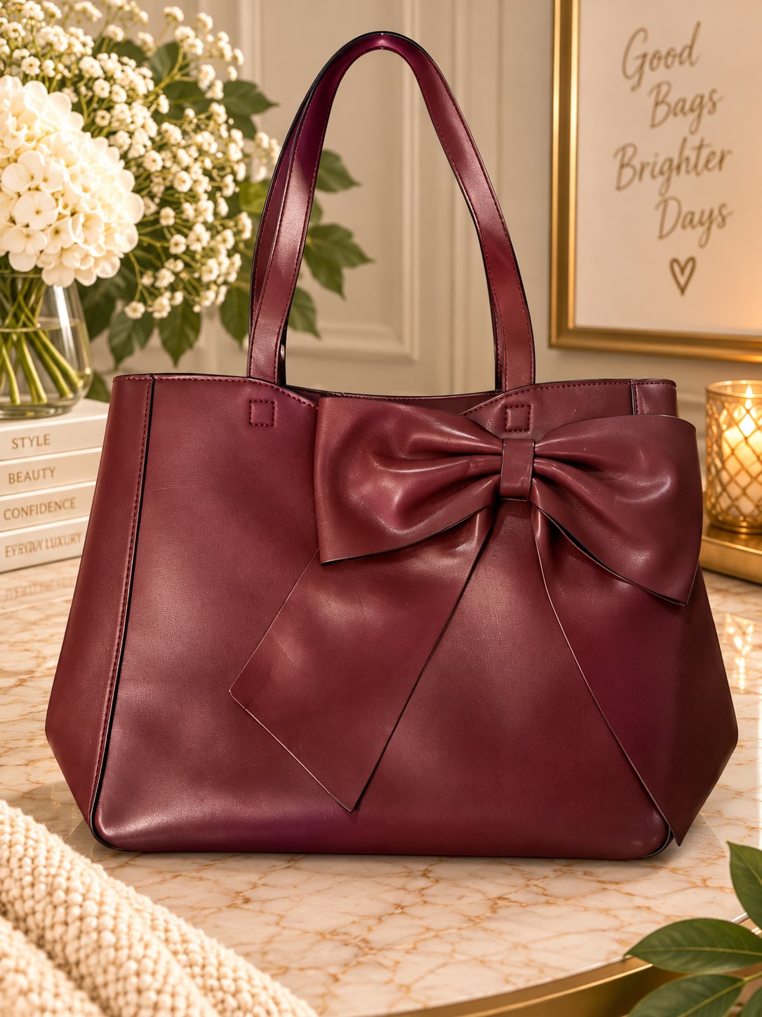 Karl Lagerfeld Paris Burgundy Leather Bow Tote Bag 2