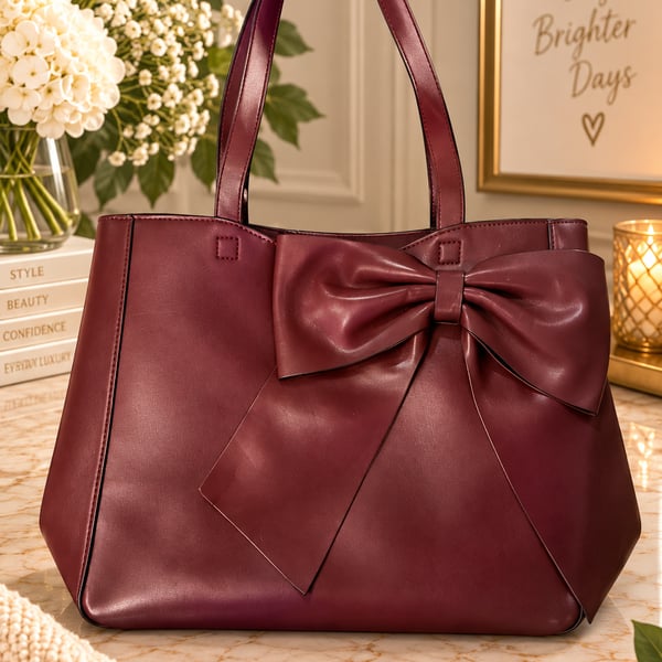 Karl Lagerfeld Paris Burgundy Leather Bow Tote Bag