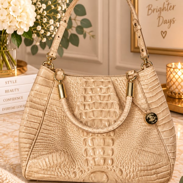 Brahmin Melbourne Aliza Toasted Almond Crocodile Embossed Leather Shoulder Bag