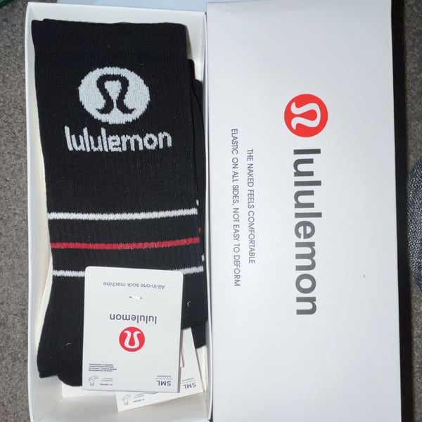 Lululemon Black Crew Socks with White and Red Stripes and Logo