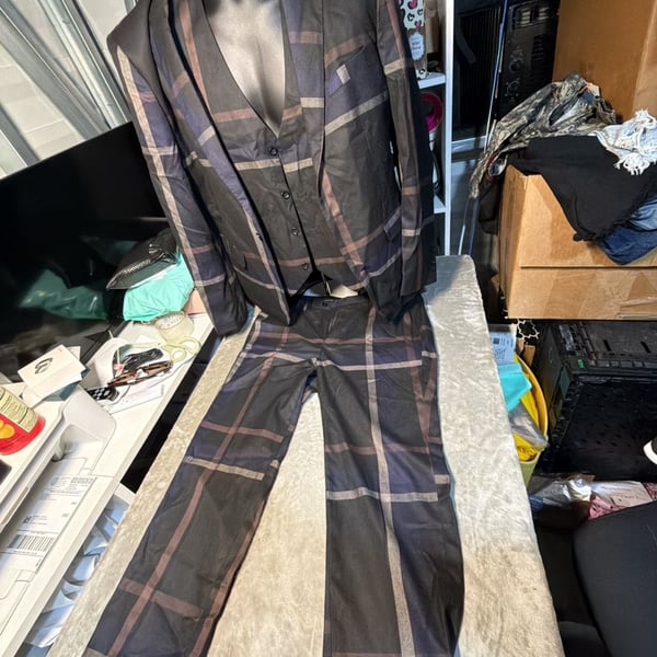 KUDORO Men's 3-Piece Plaid Suit Slim Fit Blazer Vest and Pants Set