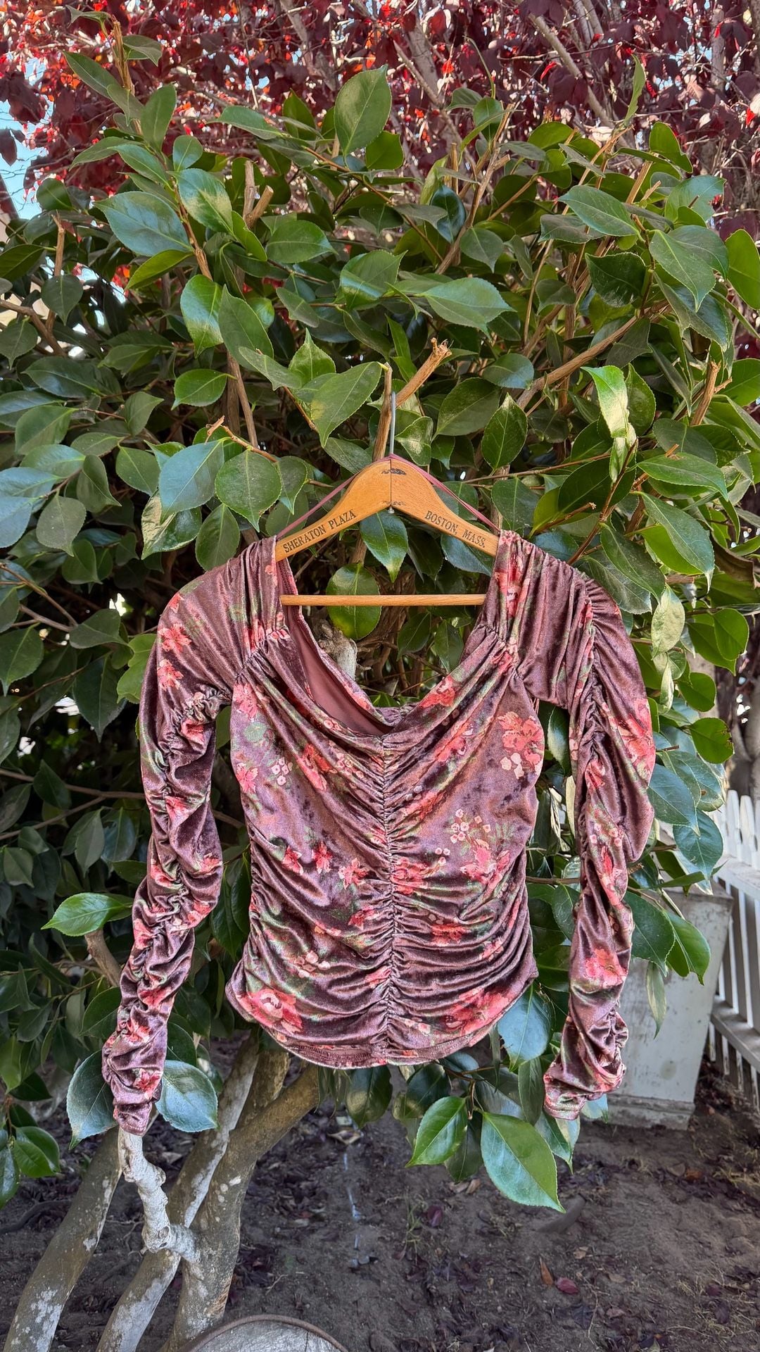 Free People Reina Top Floral Velvet Brown Ruched Off Shoulder Long Sleeve 2