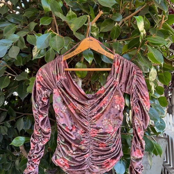 Free People Reina Top Floral Velvet Brown Ruched Off Shoulder Long Sleeve