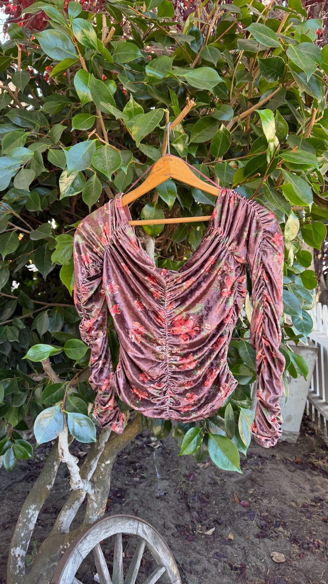 Free People Reina Top Floral Velvet Brown Ruched Off Shoulder Long Sleeve 5