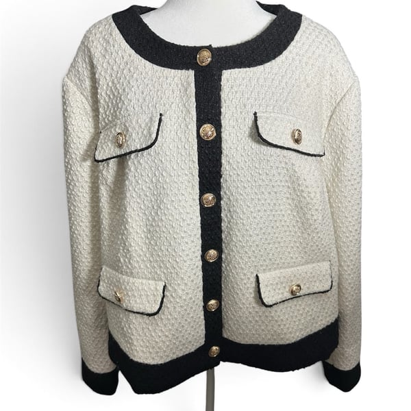 Eloquii White and Black Tweed Knit Cardigan with gold buttons Jacket Size 26