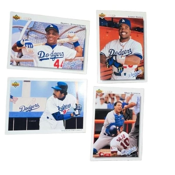Lot of 4 1992 Upper Deck Los Angeles Dodgers Baseball Cards Featuring Darryl Strawberry, Mike Scioscia, Lenny Harris