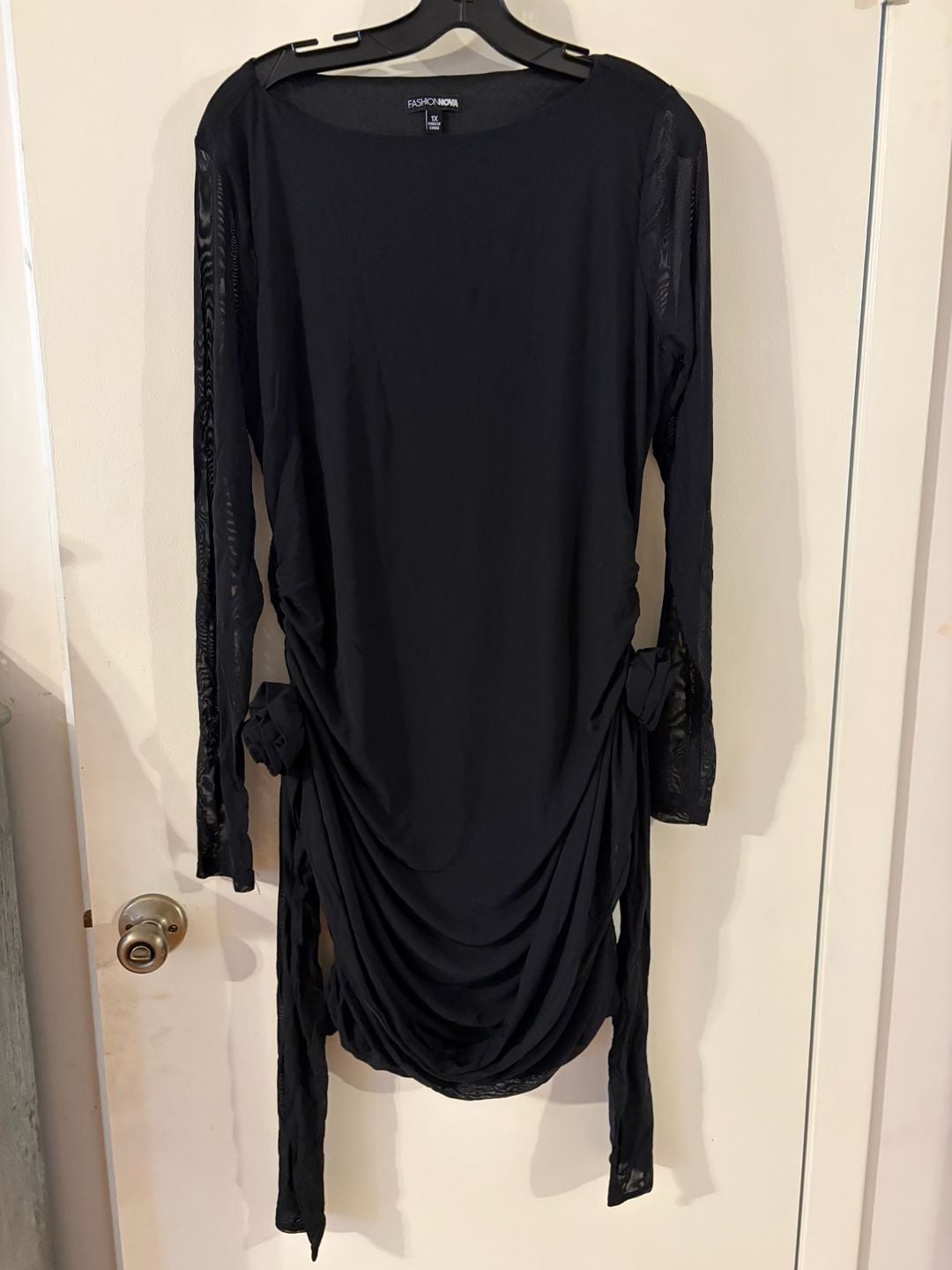 Fashion Nova Ruched Rosette Long Sleeve Mini Dress Black 1X 2