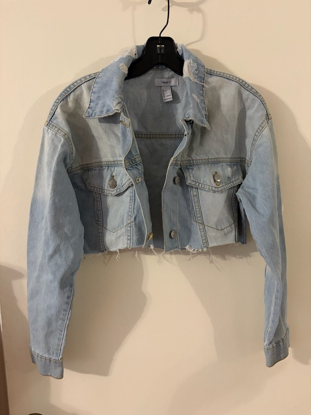 Forever 21 Light Wash Cropped Raw Hem Distressed Denim Jacket 2