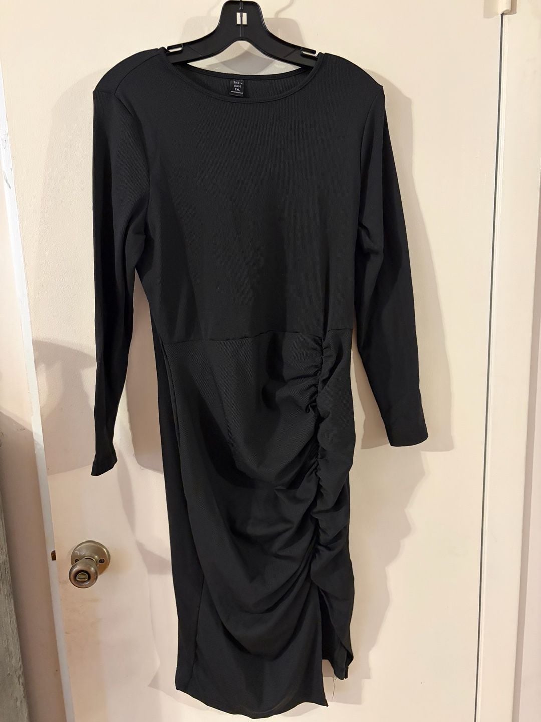 SHEIN Curve Ruched Midi Dress Black 1XL Long Sleeve Ribbed 2