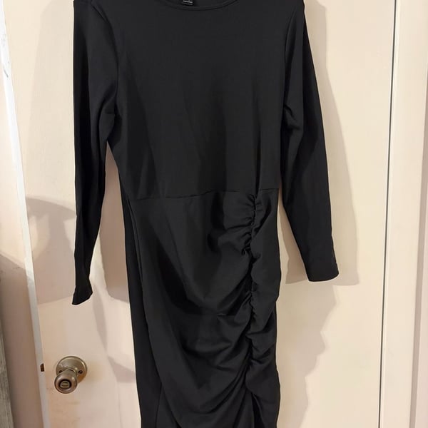 SHEIN Curve Ruched Midi Dress Black 1XL Long Sleeve Ribbed