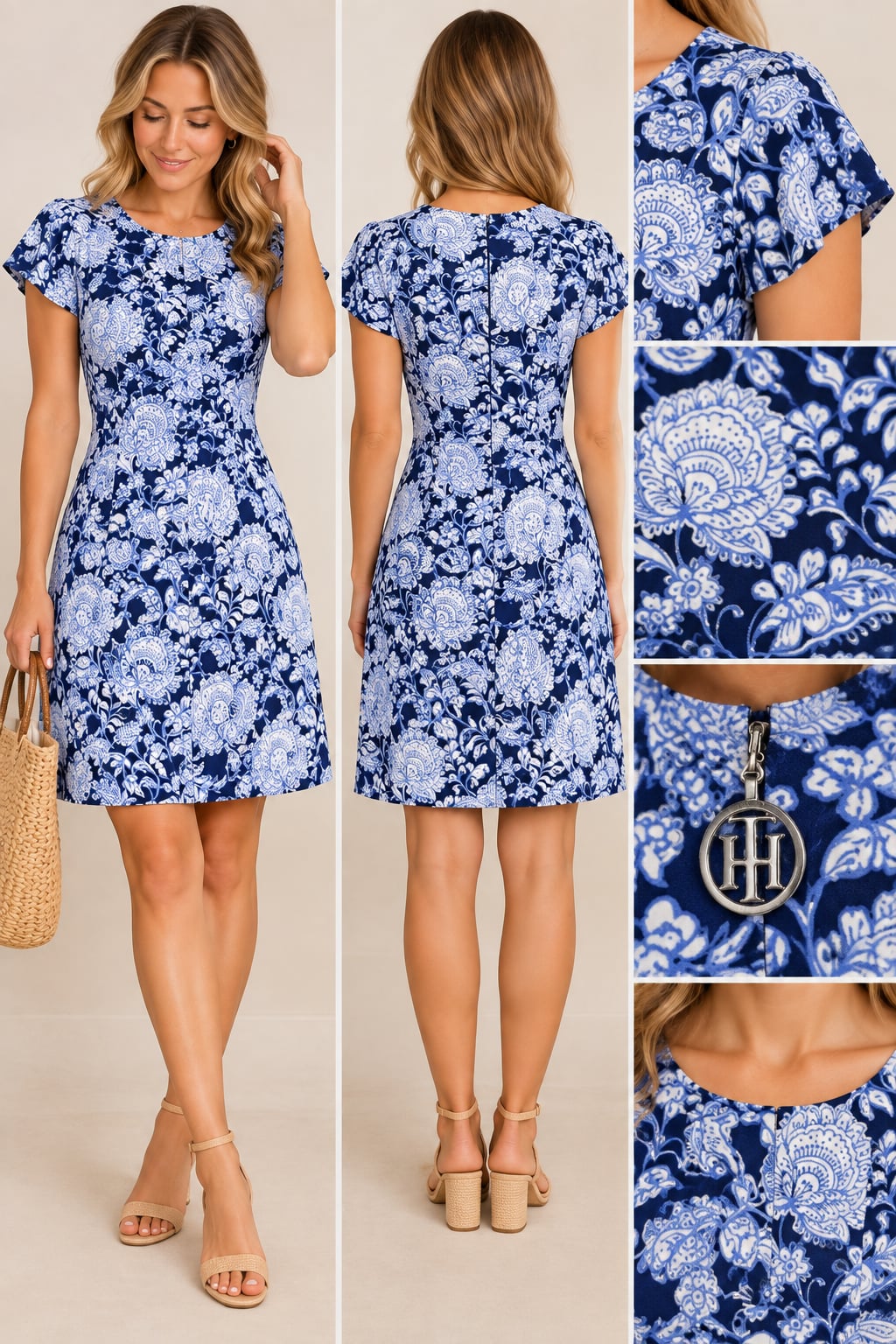 Tommy Hilfiger Blue and White Floral Paisley Print Short Sleeve Dress Size 4 2