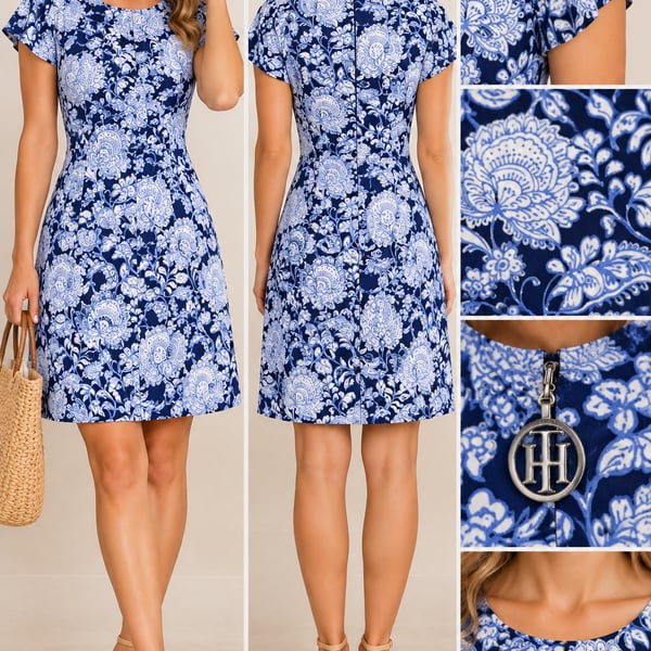 Tommy Hilfiger Blue and White Floral Paisley Print Short Sleeve Dress Size 4