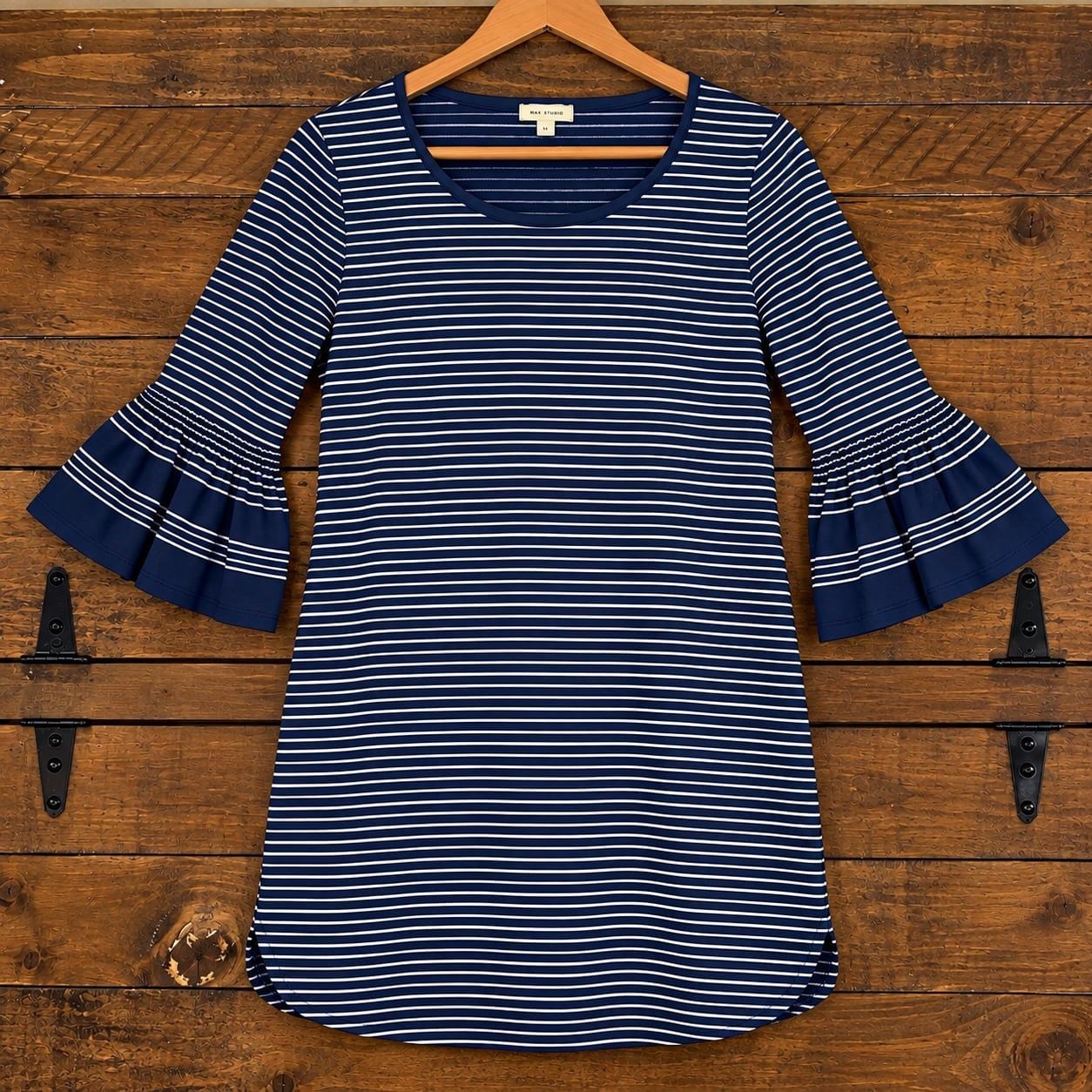 Max Studio Navy Blue White Striped Bell Sleeve Dress Size XL 3