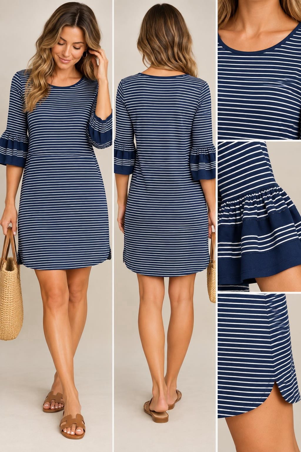 Max Studio Navy Blue White Striped Bell Sleeve Dress Size XL 2