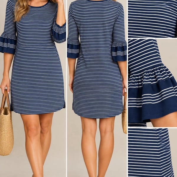 Max Studio Navy Blue White Striped Bell Sleeve Dress Size XL