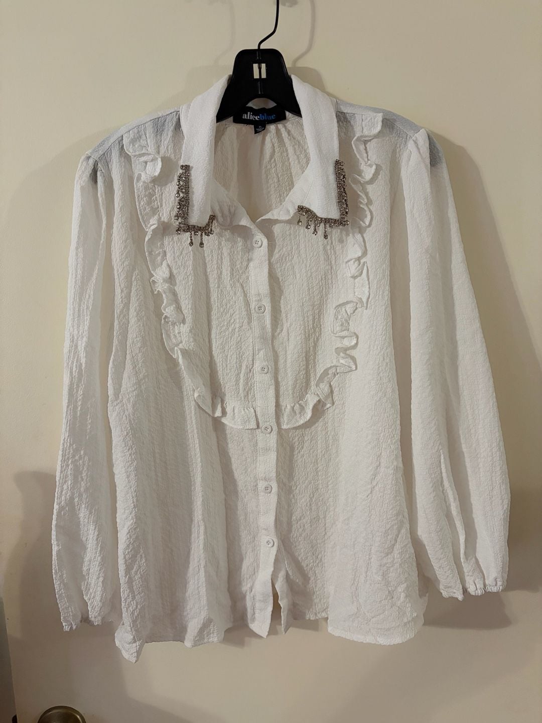 Alice Blue White Textured Button Down Blouse with Rhinestone Collar and Ruffles 2