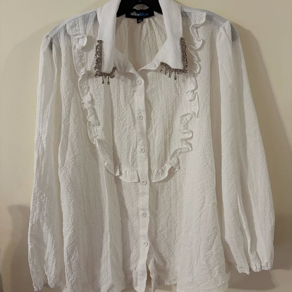 Alice Blue White Textured Button Down Blouse with Rhinestone Collar and Ruffles
