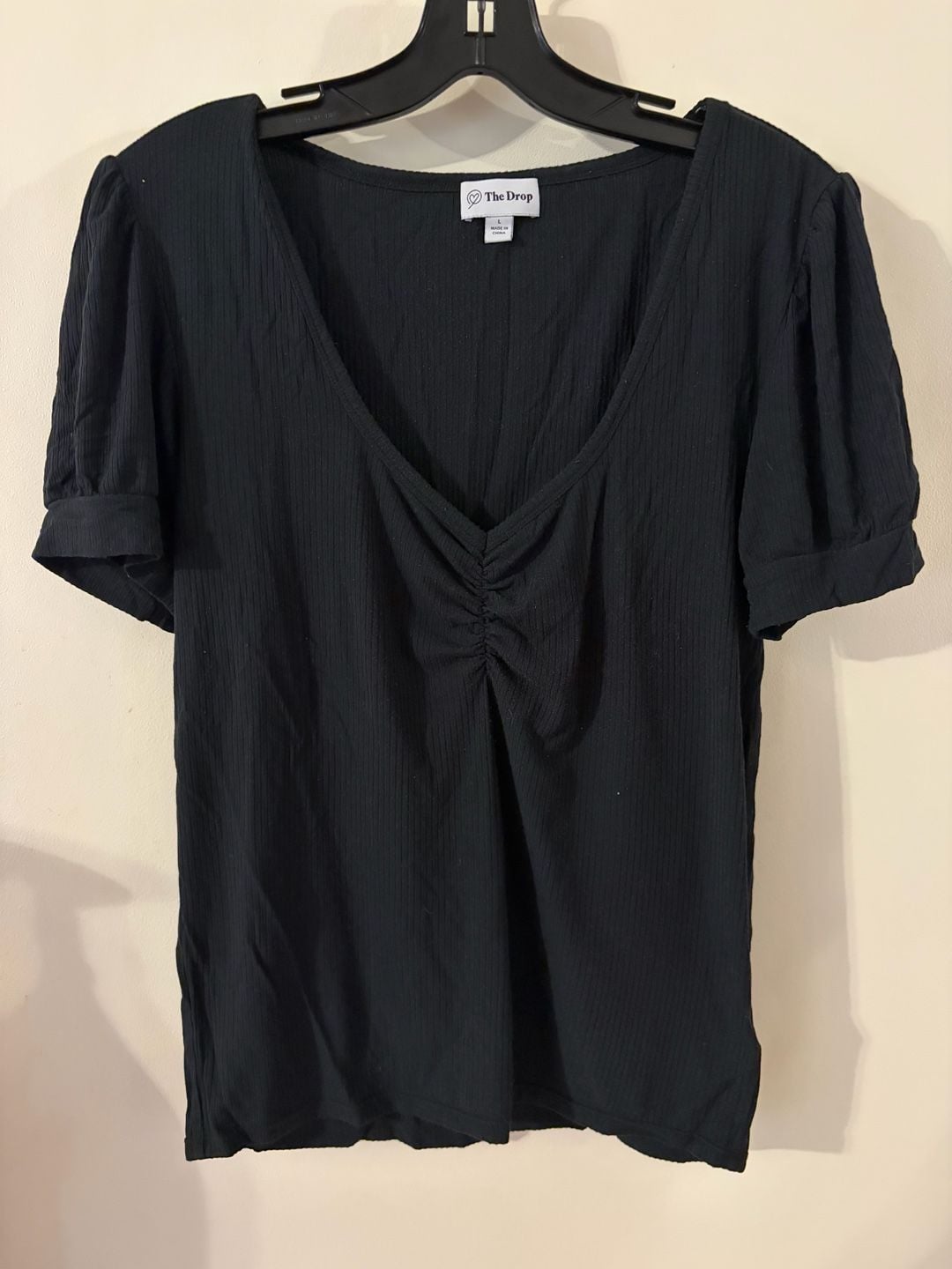 The Drop Black Ribbed Ruched Puff-Sleeve Top 2