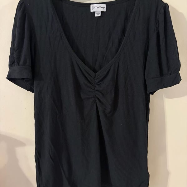 The Drop Black Ribbed Ruched Puff-Sleeve Top