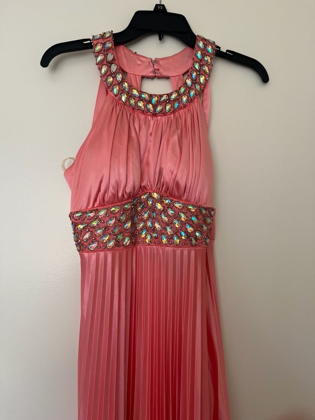 Coral Pink Halter Pleated Formal Dress with Rhinestone Embellishments 2