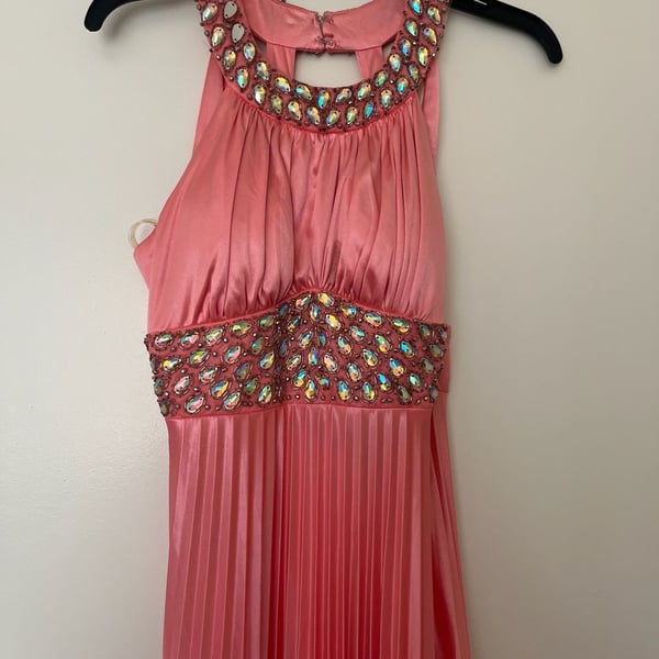 Coral Pink Halter Pleated Formal Dress with Rhinestone Embellishments