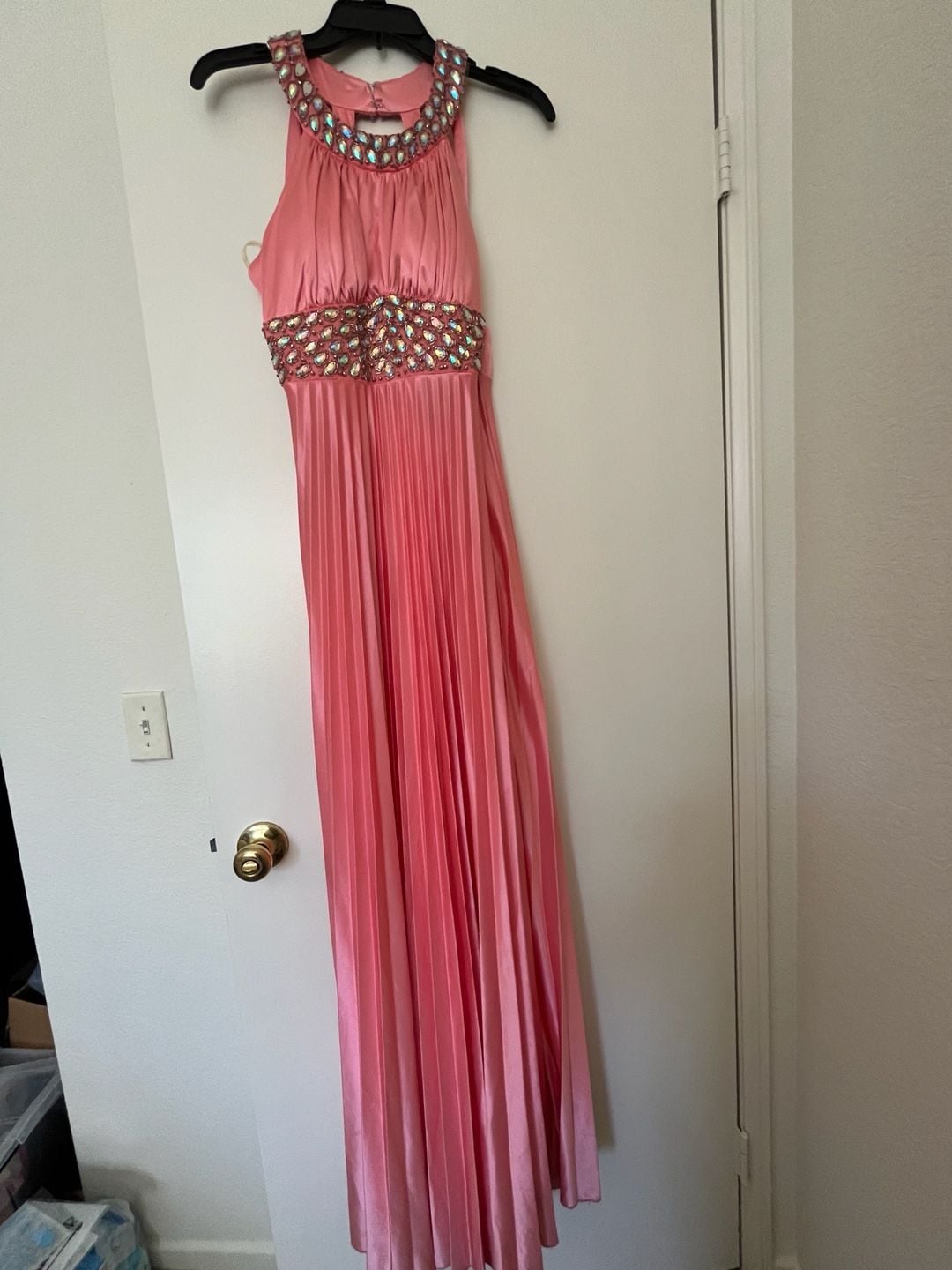 Coral Pink Halter Pleated Formal Dress with Rhinestone Embellishments 3