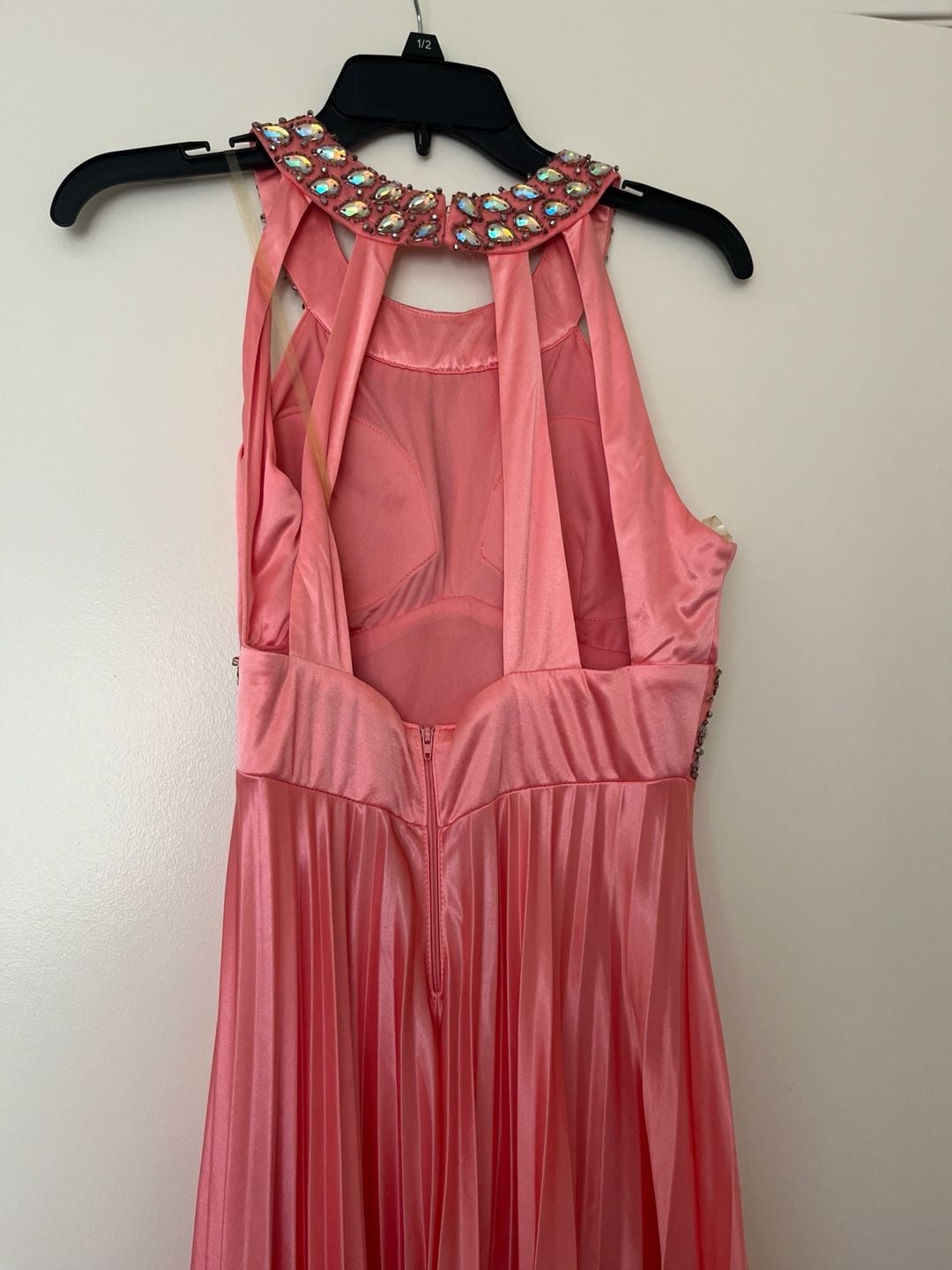 Coral Pink Halter Pleated Formal Dress with Rhinestone Embellishments 4