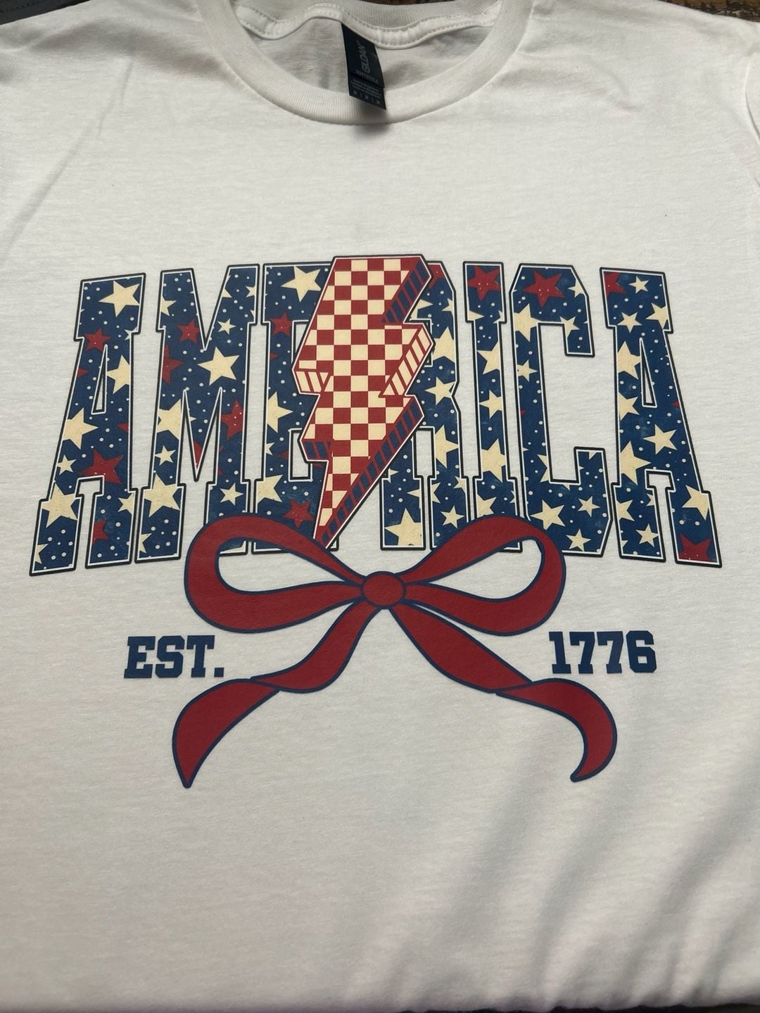 Gildan Softstyle America 1776 Patriotic Lightning Bolt Coquette Bow T-Shirt 1