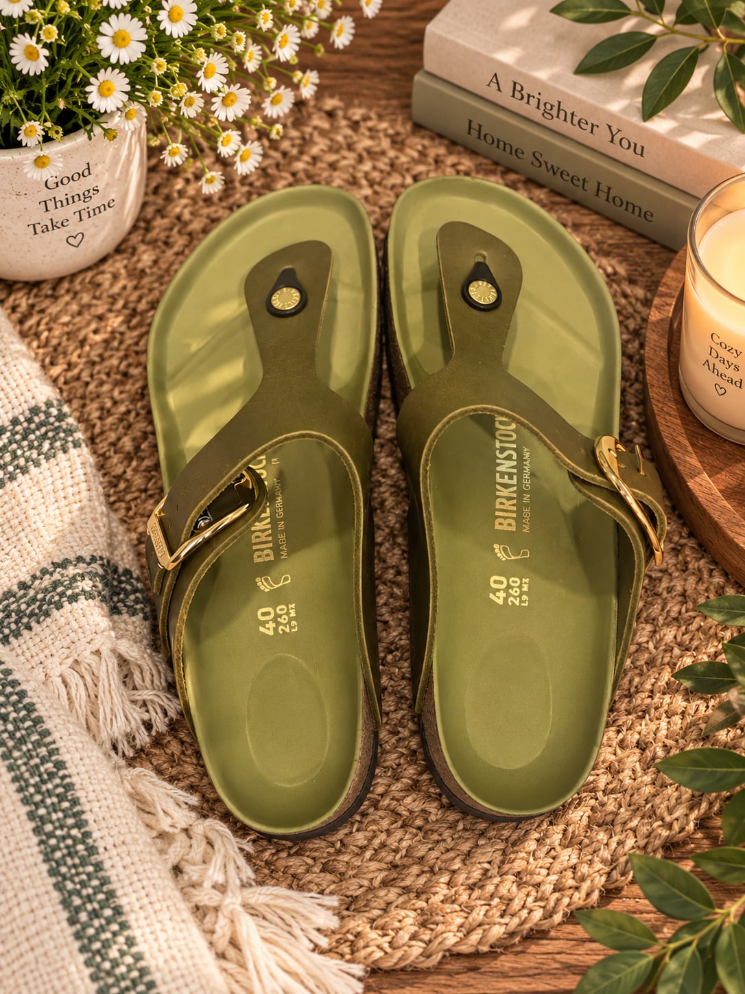 Birkenstock Gizeh Big Buckle Olive Oiled Leather Sandals Size 40 2