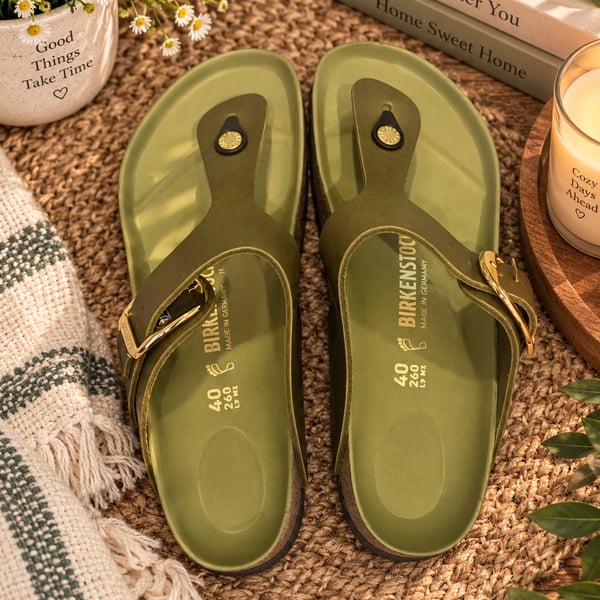 Birkenstock Gizeh Big Buckle Olive Oiled Leather Sandals Size 40