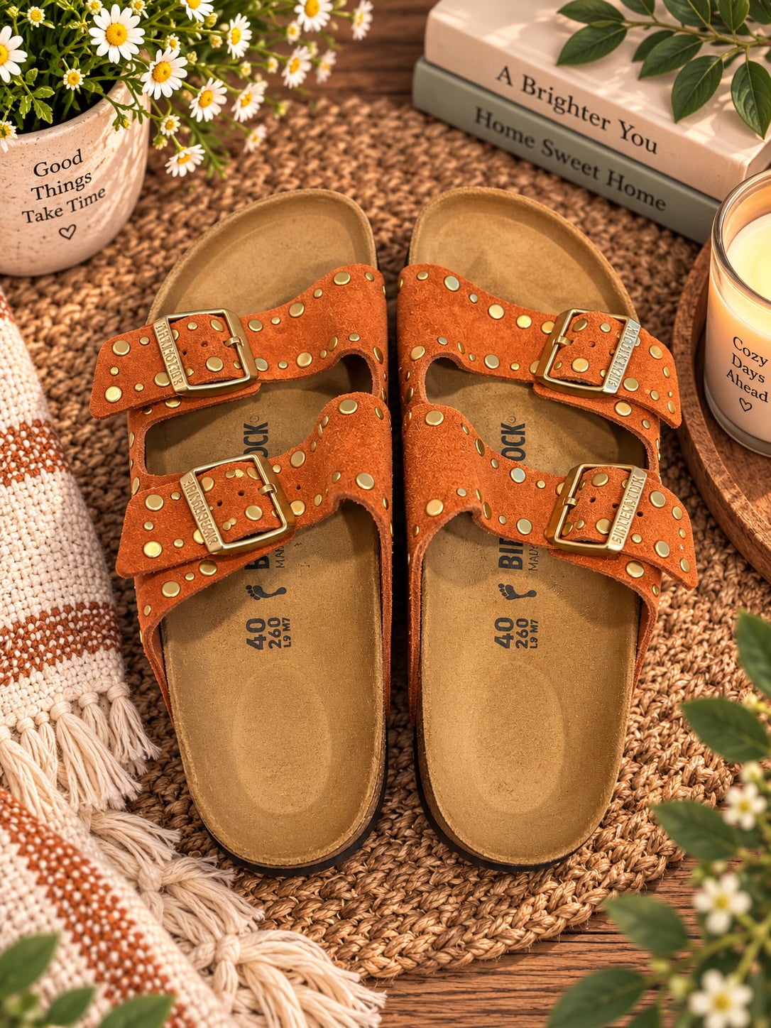 Birkenstock Arizona Rivets Suede Leather Sandals in Dark Rust Size 40 2