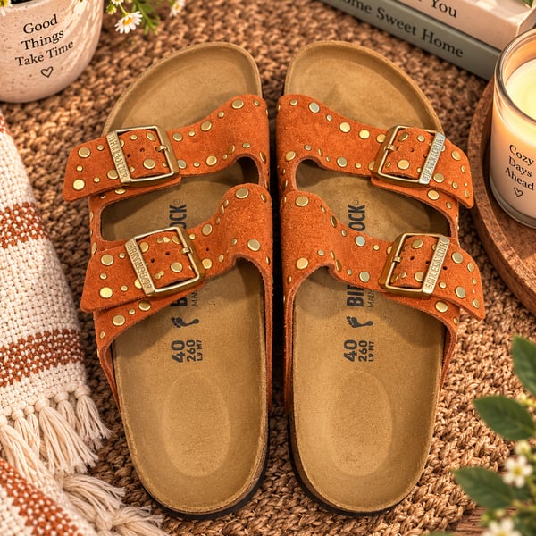 Birkenstock Arizona Rivets Suede Leather Sandals in Dark Rust Size 40
