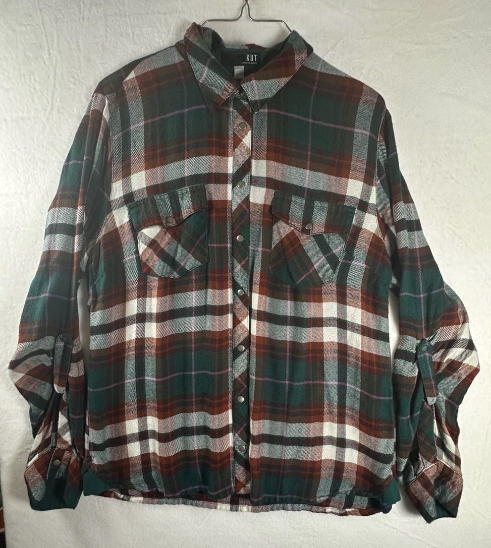 Kut From The Kloth Plaid Long Sleeve Button Down Shirt Size M Green Brown 2