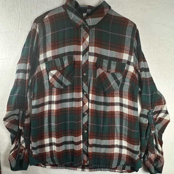 Kut From The Kloth Plaid Long Sleeve Button Down Shirt Size M Green Brown