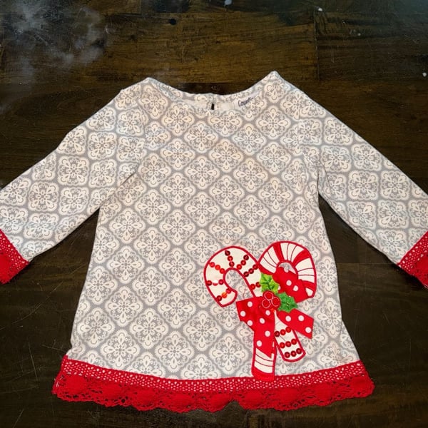 Counting Daisies Little Girls Candy Cane Grey Patterned Tunic dress Size 24M